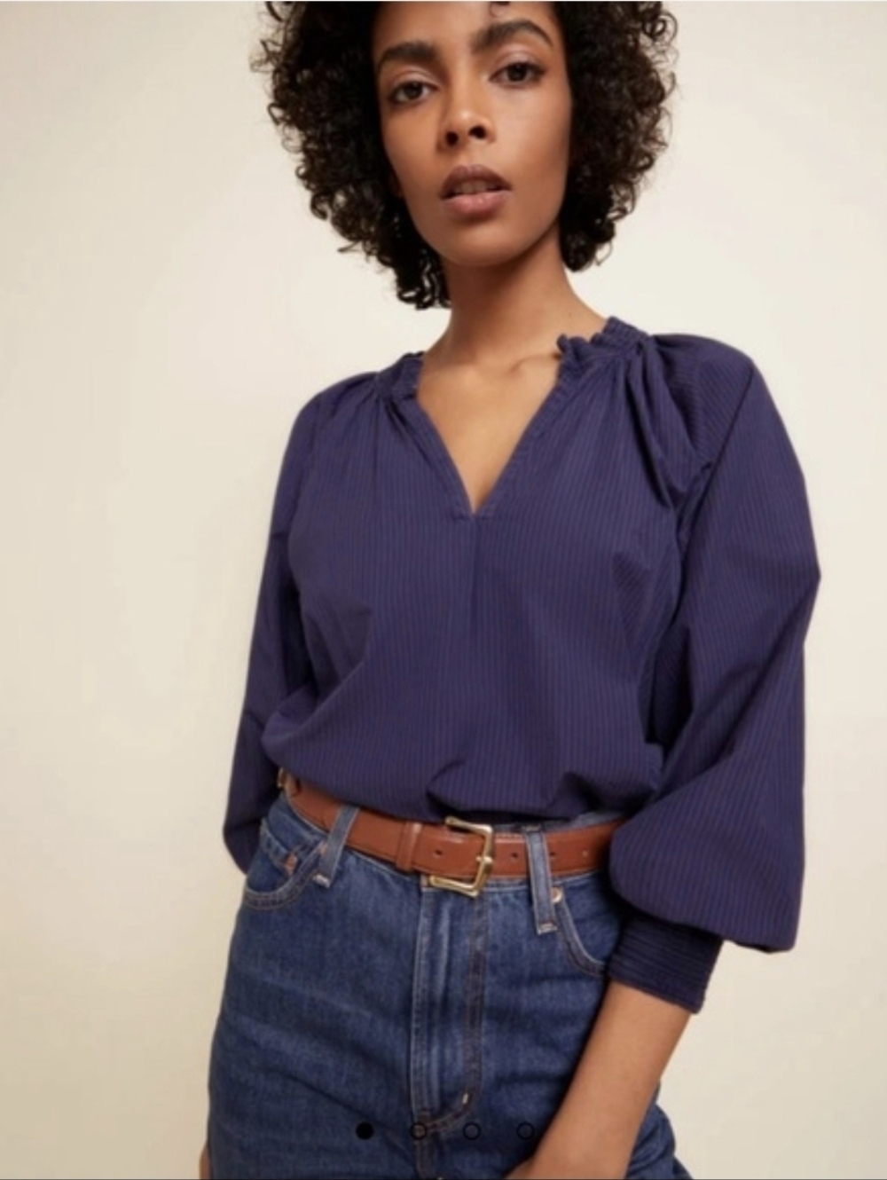 Nation Ltd Estelle Navy Poplin Peasant Striped Blouse With Smocked Cuffs Sz S